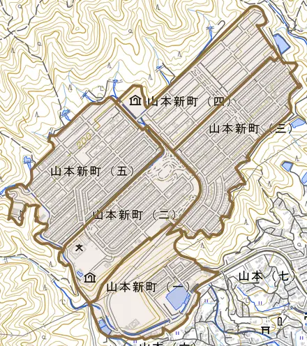 山本新町とその周辺の地図。町の範囲を重ねている