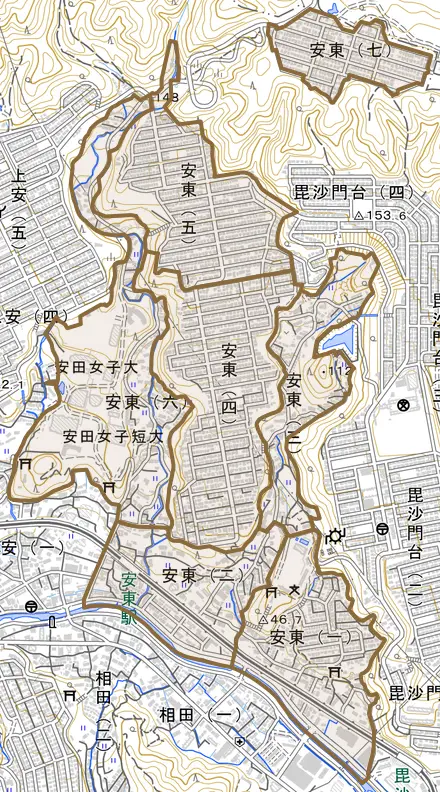 安東とその周辺の地図。町の範囲を重ねている