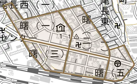曙とその周辺の地図。町の範囲を重ねている