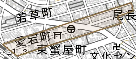愛宕町とその周辺の地図。町の範囲を重ねている