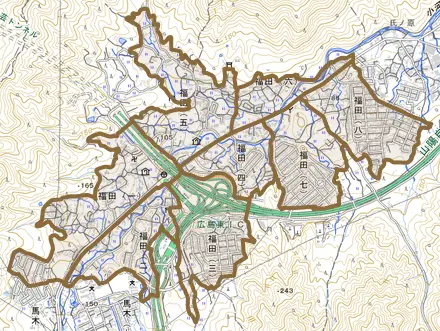 福田とその周辺の地図。町の範囲を重ねている