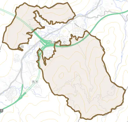 福田町とその周辺の地図。町の範囲を重ねている