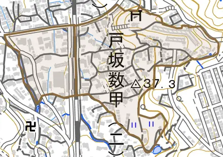 戸坂数甲とその周辺の地図。町の範囲を重ねている
