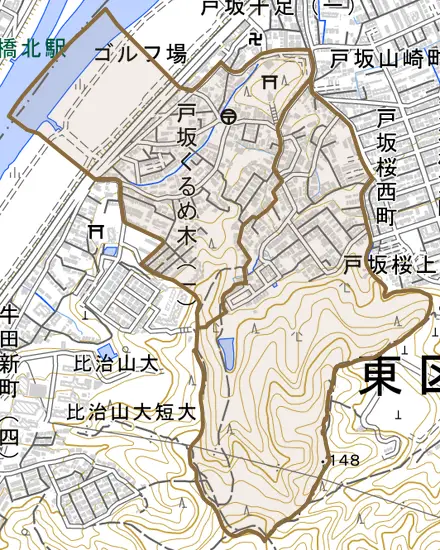 戸坂くるめ木とその周辺の地図。町の範囲を重ねている