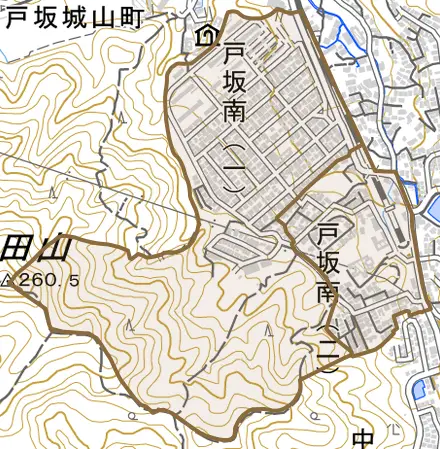 戸坂南とその周辺の地図。町の範囲を重ねている