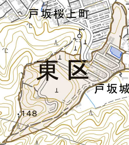 戸坂長尾台とその周辺の地図。町の範囲を重ねている