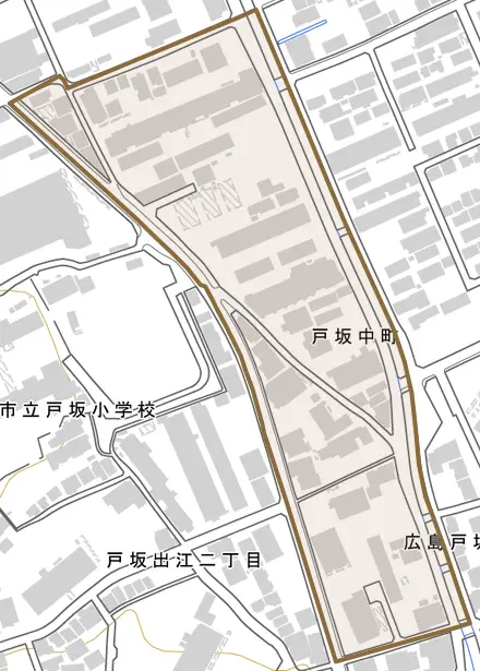 戸坂中町とその周辺の地図。町の範囲を重ねている