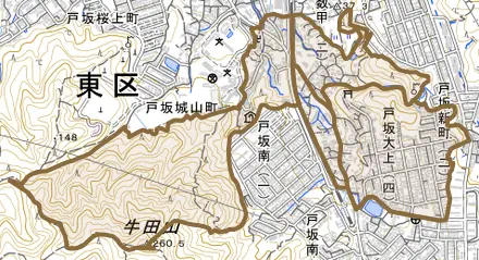 戸坂大上とその周辺の地図。町の範囲を重ねている
