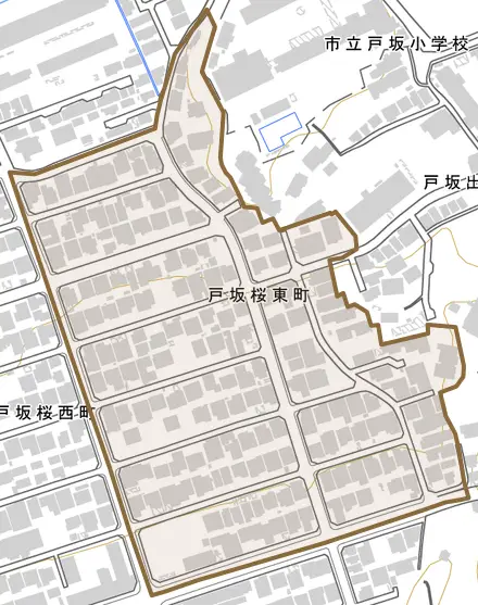 戸坂桜東町とその周辺の地図。町の範囲を重ねている