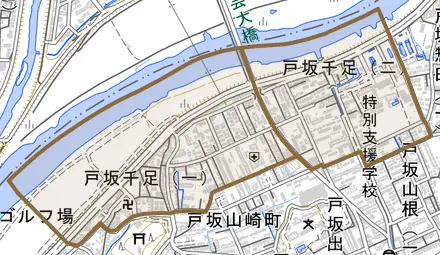 戸坂千足とその周辺の地図。町の範囲を重ねている