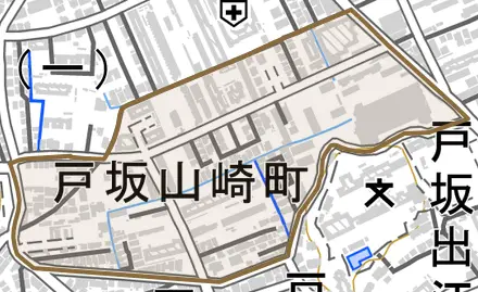 戸坂山崎町とその周辺の地図。町の範囲を重ねている