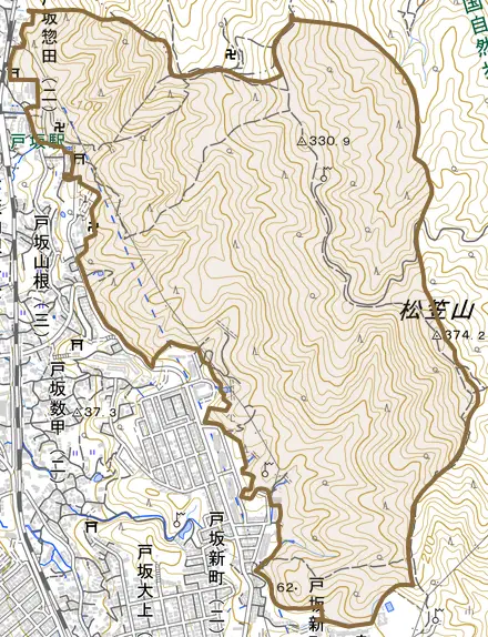 戸坂町とその周辺の地図。町の範囲を重ねている