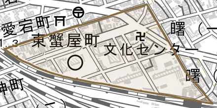 東蟹屋町とその周辺の地図。町の範囲を重ねている
