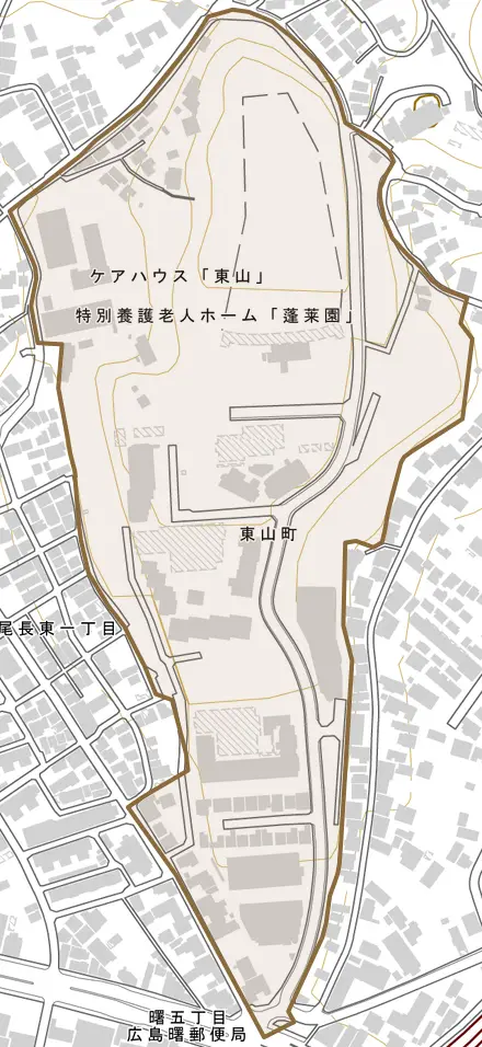 東山町とその周辺の地図。町の範囲を重ねている