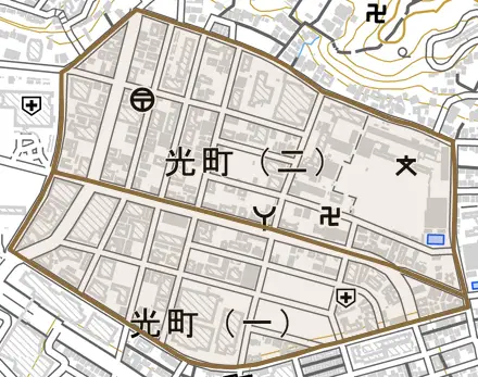 光町とその周辺の地図。町の範囲を重ねている