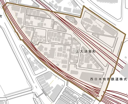 上大須賀町とその周辺の地図。町の範囲を重ねている