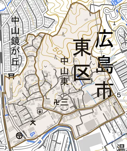 中山東とその周辺の地図。町の範囲を重ねている