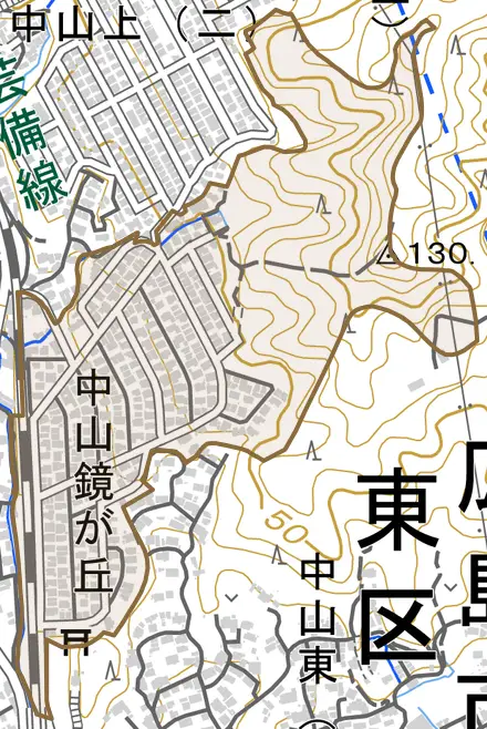 中山鏡が丘とその周辺の地図。町の範囲を重ねている