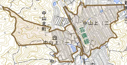 中山上とその周辺の地図。町の範囲を重ねている