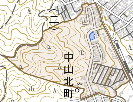 中山北町とその周辺の地図。町の範囲を重ねている