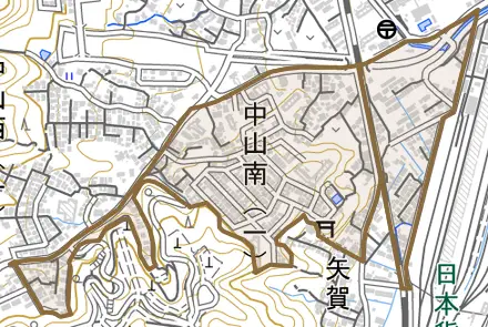 中山南とその周辺の地図。町の範囲を重ねている