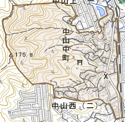 中山中町とその周辺の地図。町の範囲を重ねている