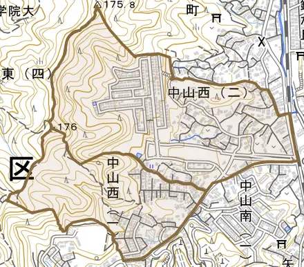 中山西とその周辺の地図。町の範囲を重ねている