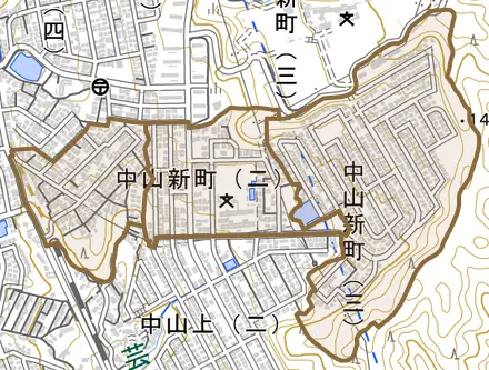 中山新町とその周辺の地図。町の範囲を重ねている