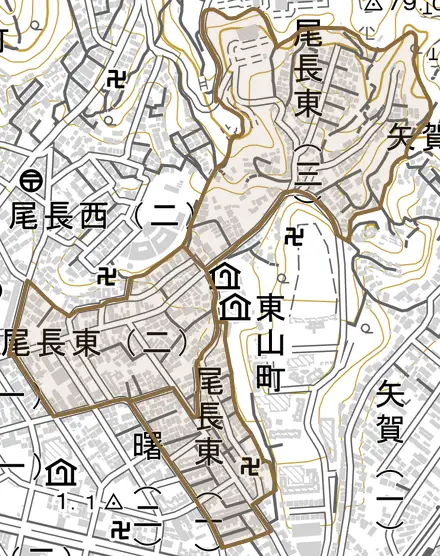 尾長東とその周辺の地図。町の範囲を重ねている