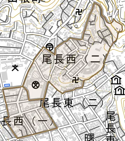 尾長西とその周辺の地図。町の範囲を重ねている
