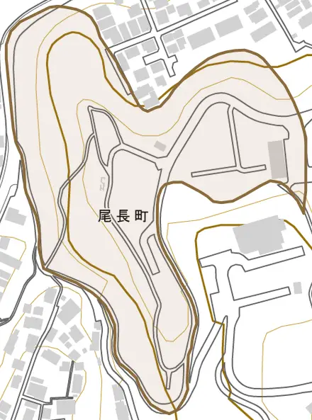 尾長町とその周辺の地図。町の範囲を重ねている