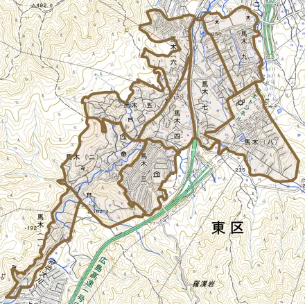 馬木とその周辺の地図。町の範囲を重ねている