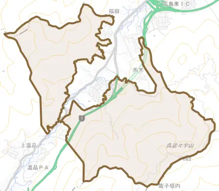 馬木町とその周辺の地図。町の範囲を重ねている