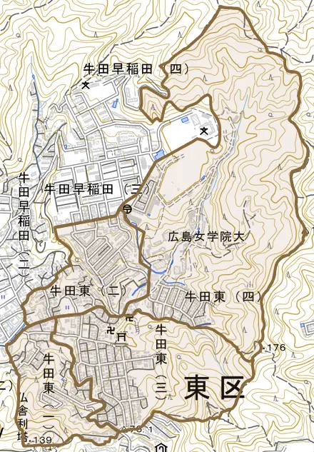 牛田東とその周辺の地図。町の範囲を重ねている