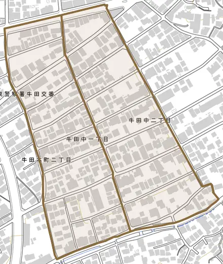 牛田中とその周辺の地図。町の範囲を重ねている