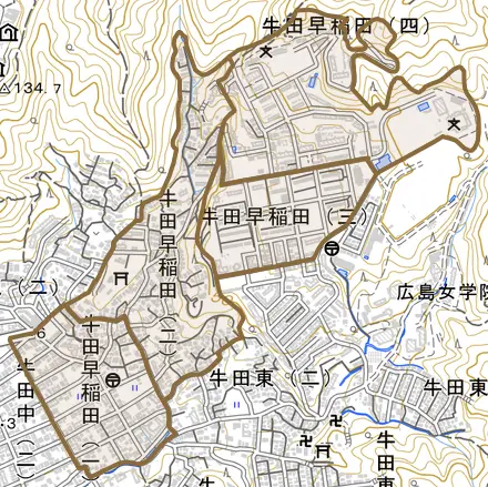 牛田早稲田とその周辺の地図。町の範囲を重ねている