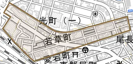 若草町とその周辺の地図。町の範囲を重ねている