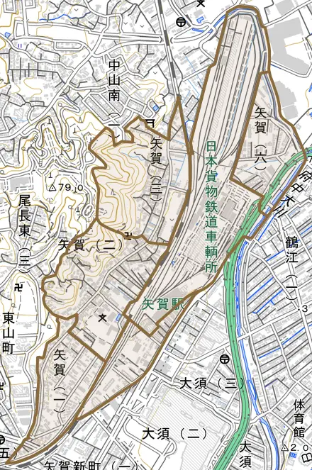 矢賀とその周辺の地図。町の範囲を重ねている