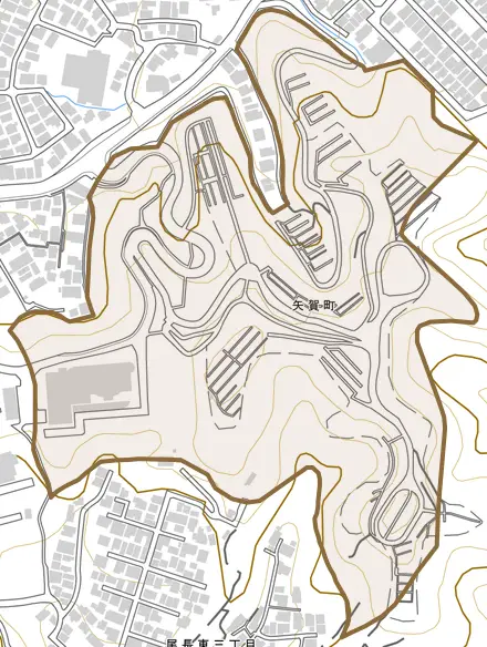 矢賀町とその周辺の地図。町の範囲を重ねている