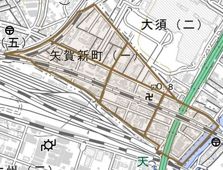 矢賀新町とその周辺の地図。町の範囲を重ねている