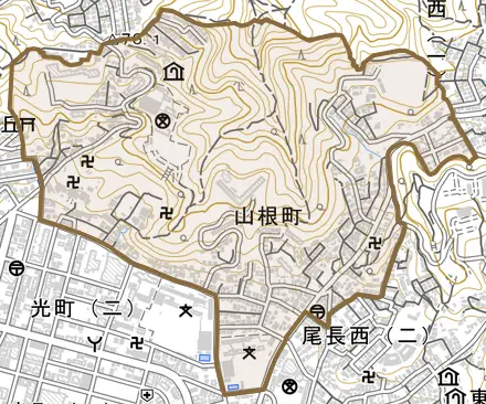 山根町とその周辺の地図。町の範囲を重ねている
