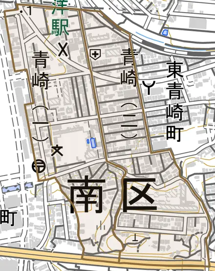青崎とその周辺の地図。町の範囲を重ねている