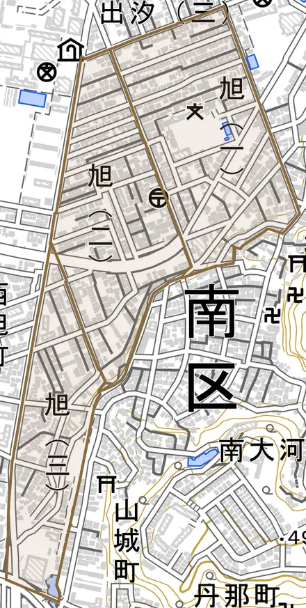 旭とその周辺の地図。町の範囲を重ねている