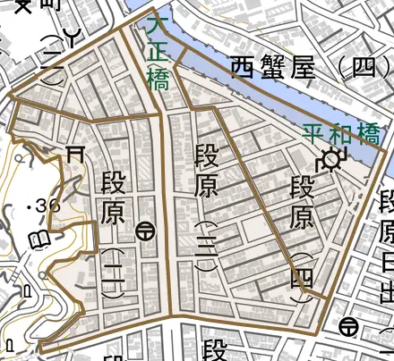 段原とその周辺の地図。町の範囲を重ねている