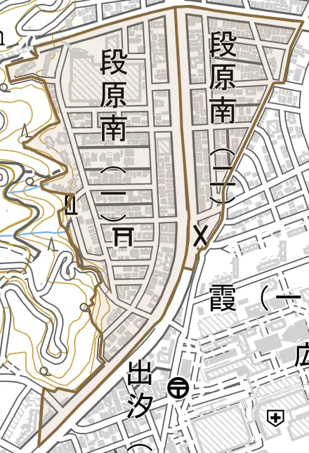 段原南とその周辺の地図。町の範囲を重ねている
