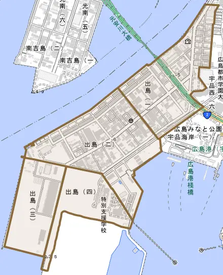 出島とその周辺の地図。町の範囲を重ねている