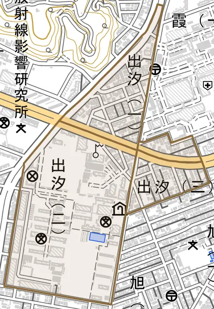 出汐とその周辺の地図。町の範囲を重ねている