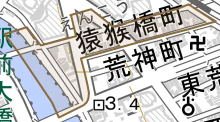 猿猴橋町とその周辺の地図。町の範囲を重ねている