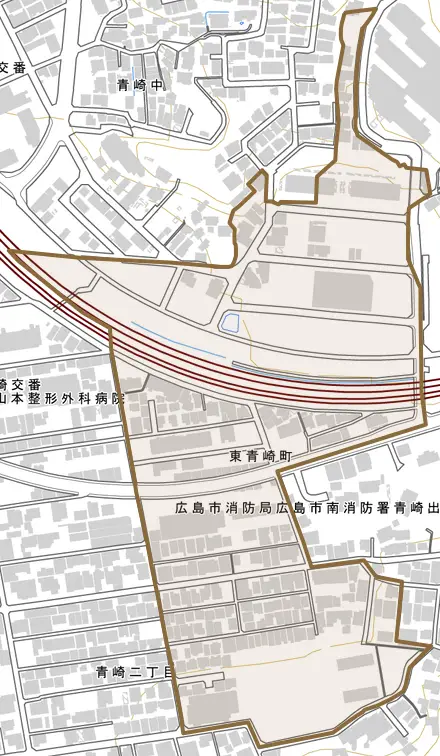 東青崎町とその周辺の地図。町の範囲を重ねている