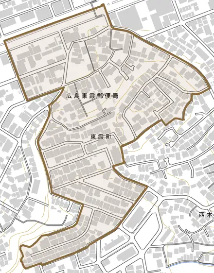 東霞町とその周辺の地図。町の範囲を重ねている